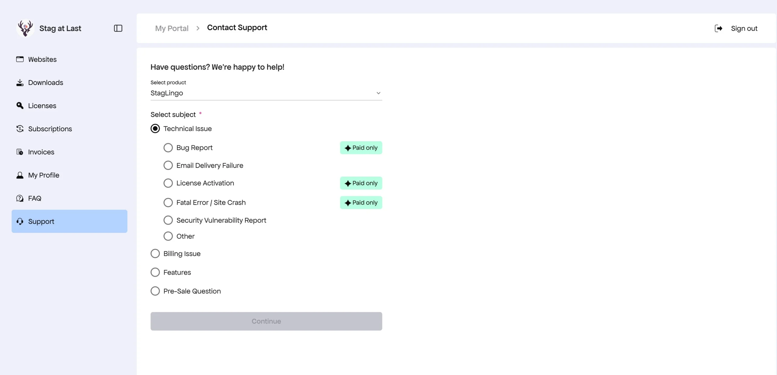 StagLingo My Account technical support request form