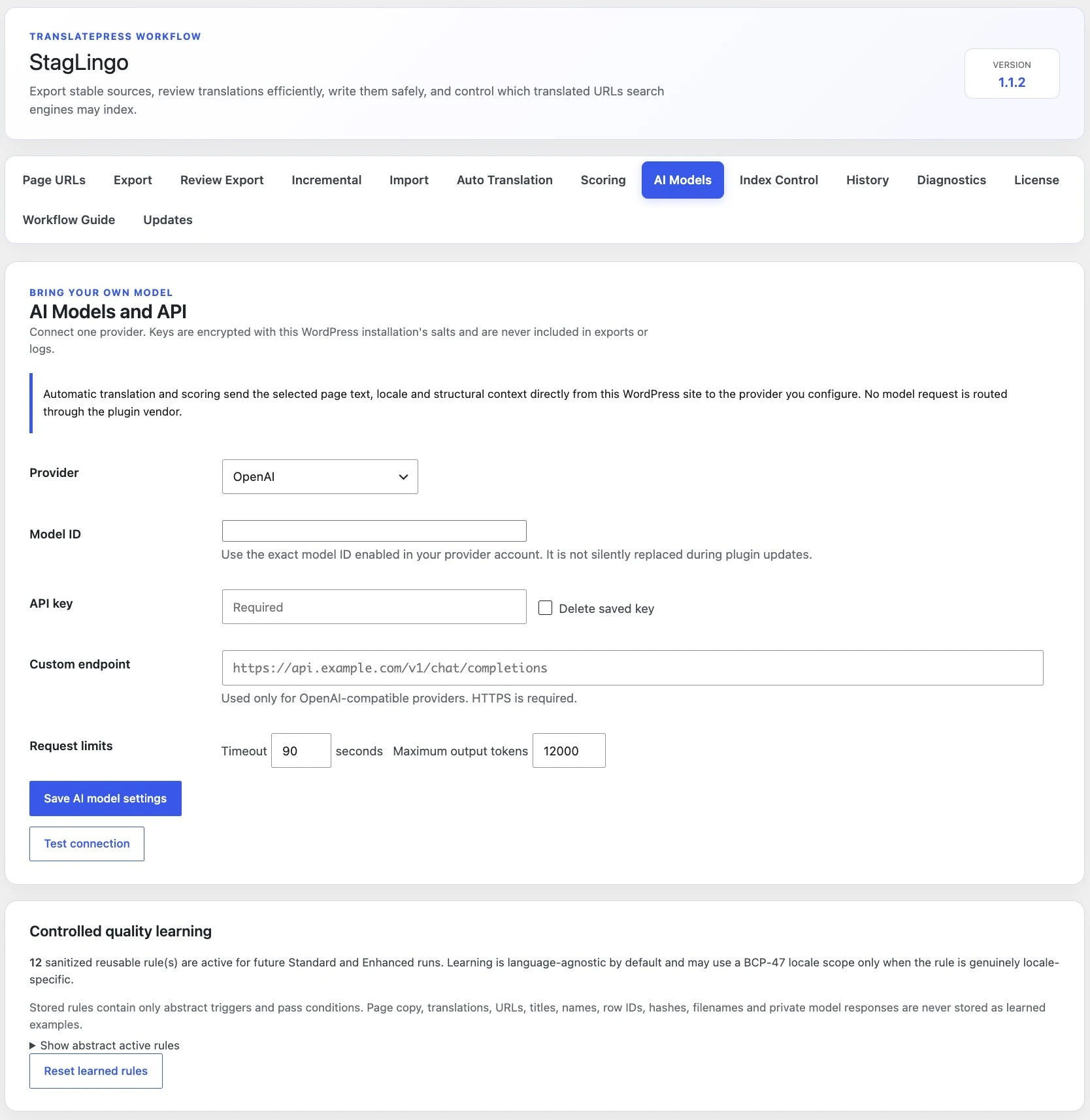 StagLingo AI Models settings for provider, model ID, encrypted API key, endpoint, and request limits