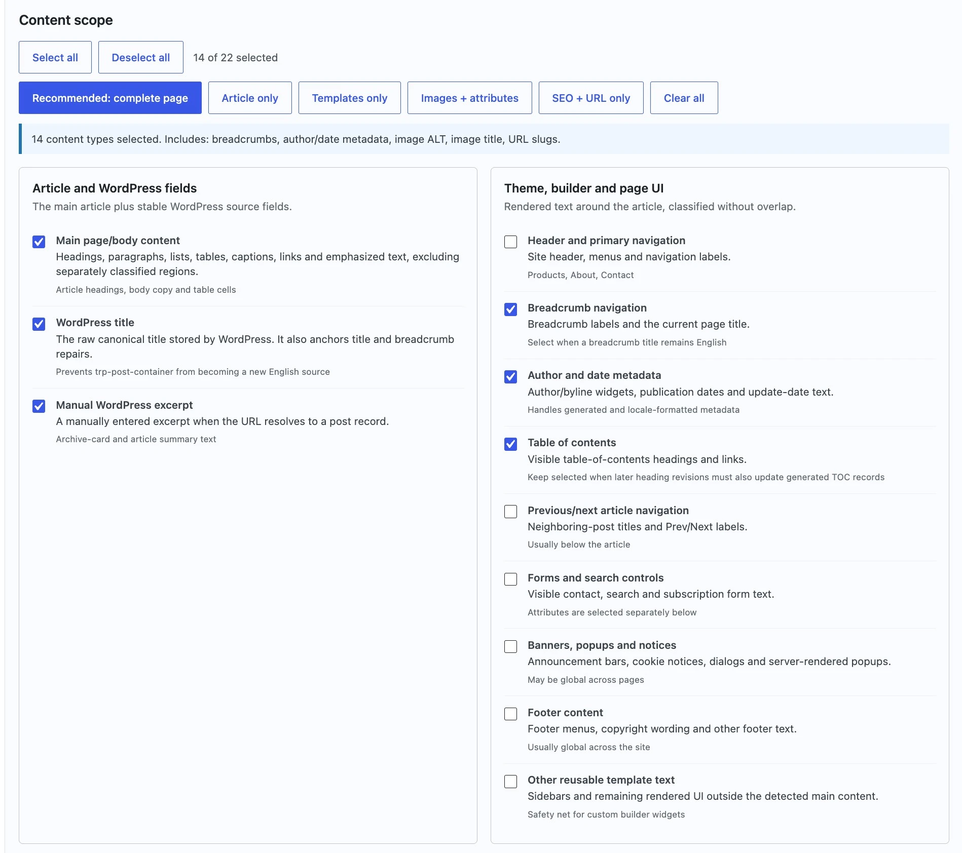 First part of StagLingo Export content scope covering article, WordPress, theme, builder, and page interface text