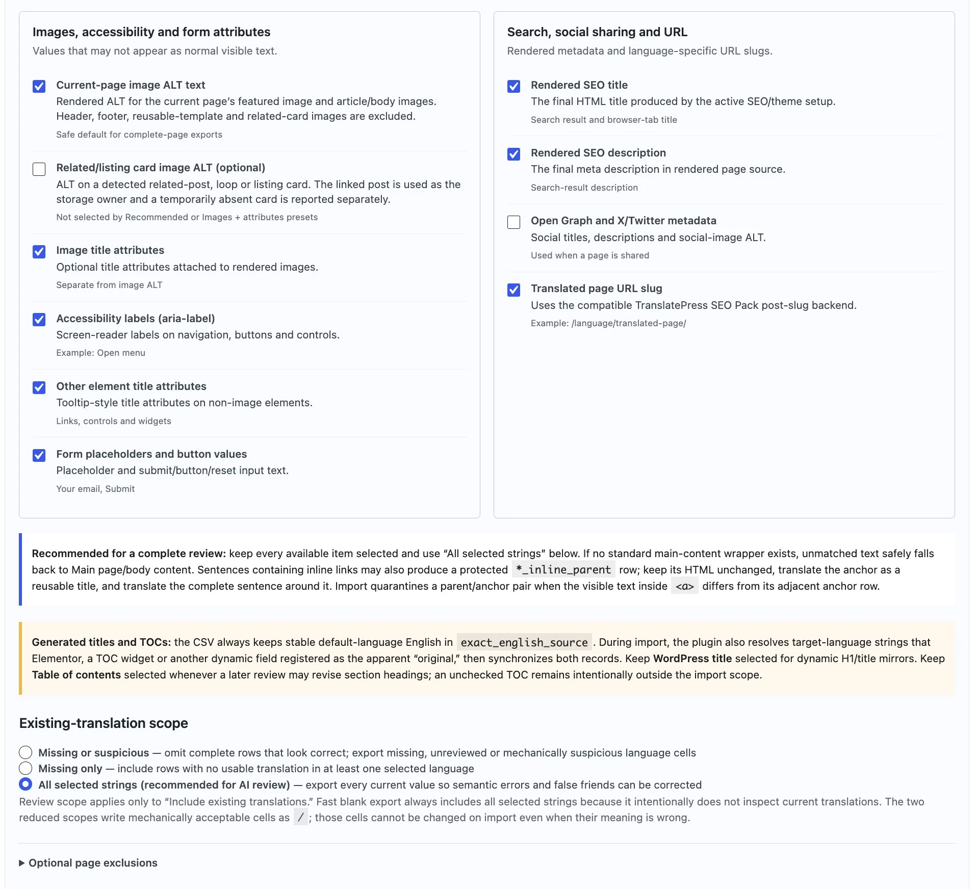 Second part of StagLingo Export content scope covering image, accessibility, form, SEO, social, and URL fields