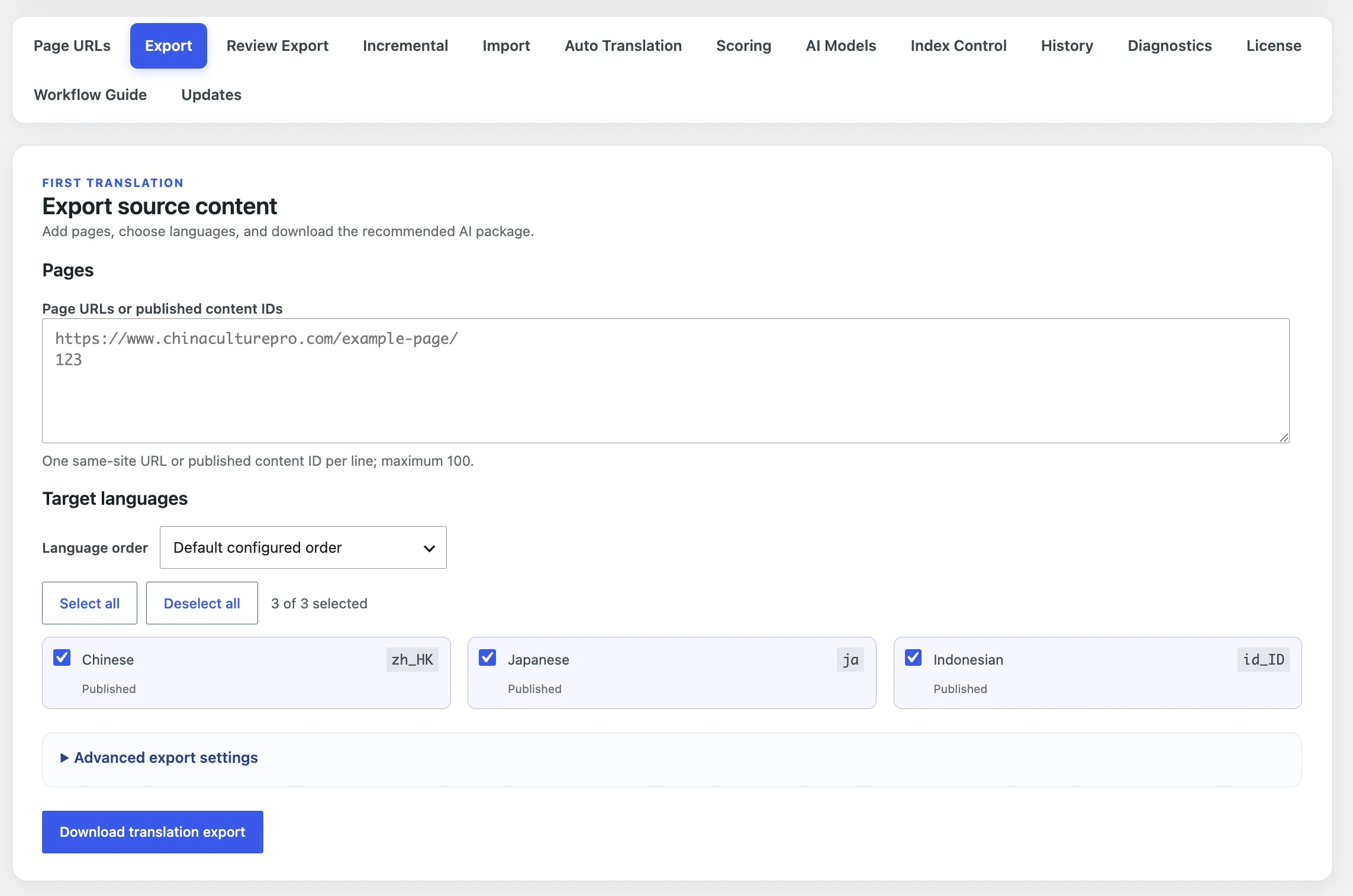 StagLingo Export page for entering source URLs and selecting TranslatePress target languages
