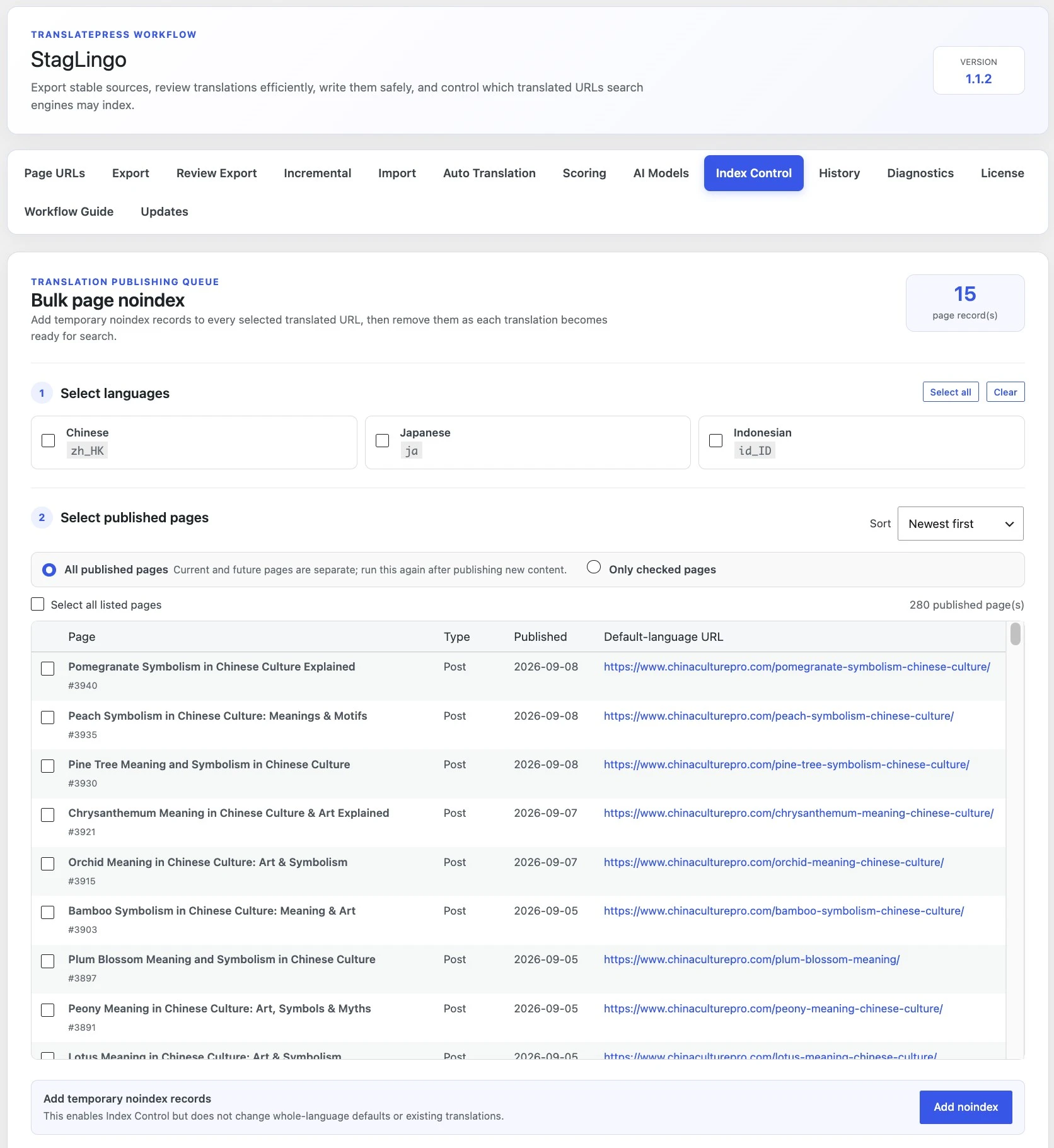 StagLingo Index Control tab for adding and removing temporary translated-page noindex records