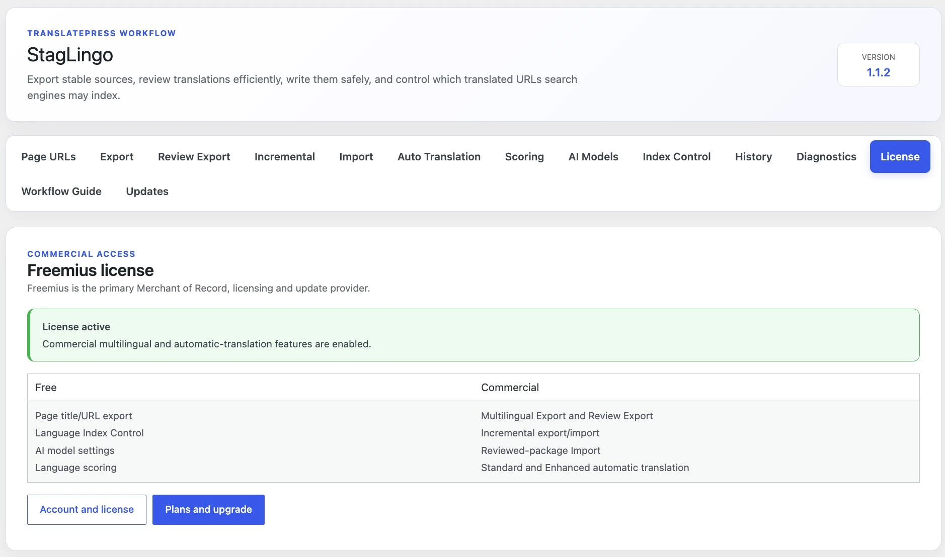StagLingo License tab showing the Freemius license status