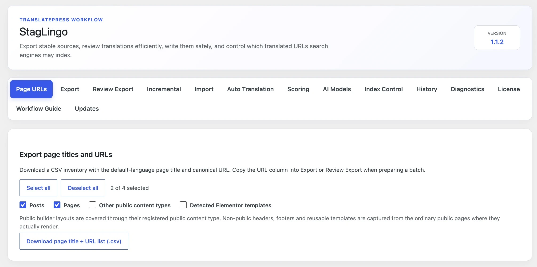 StagLingo Page URLs tab for selecting published WordPress content groups and downloading a title and URL CSV