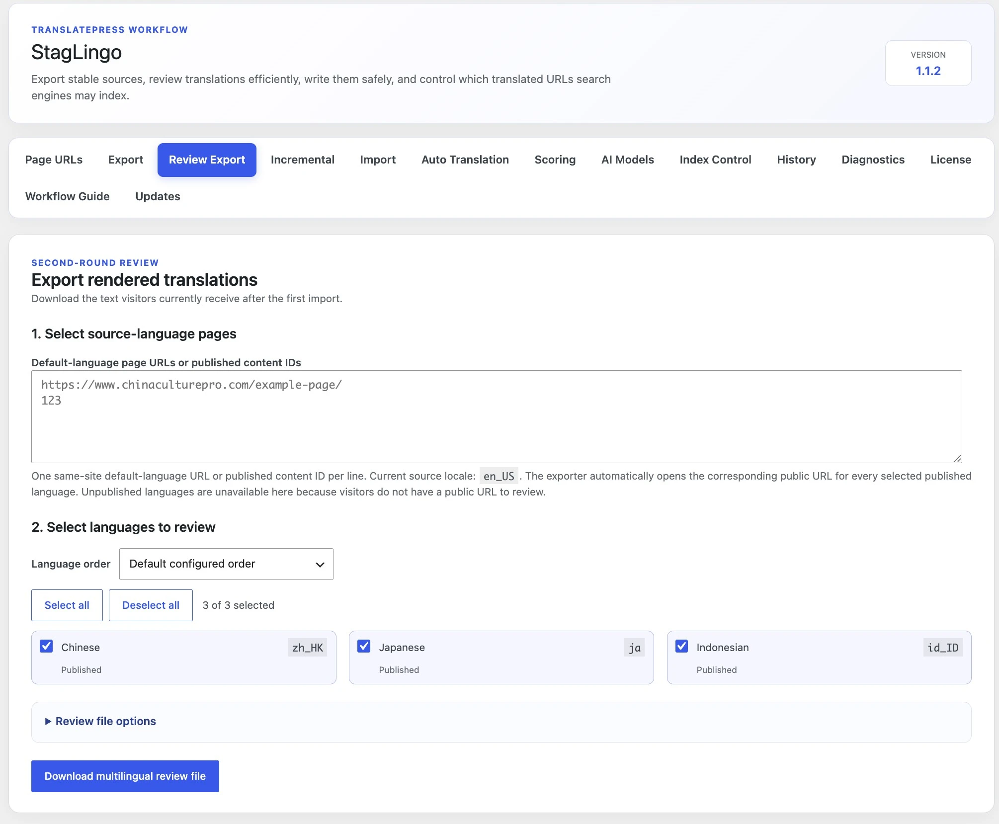 StagLingo Review Export tab for selecting source pages, target languages, delivery, format and layout