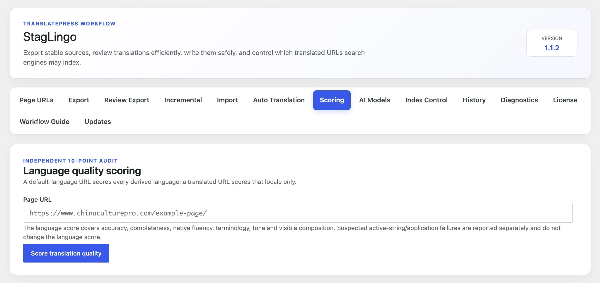 StagLingo Scoring tab for auditing rendered multilingual page quality