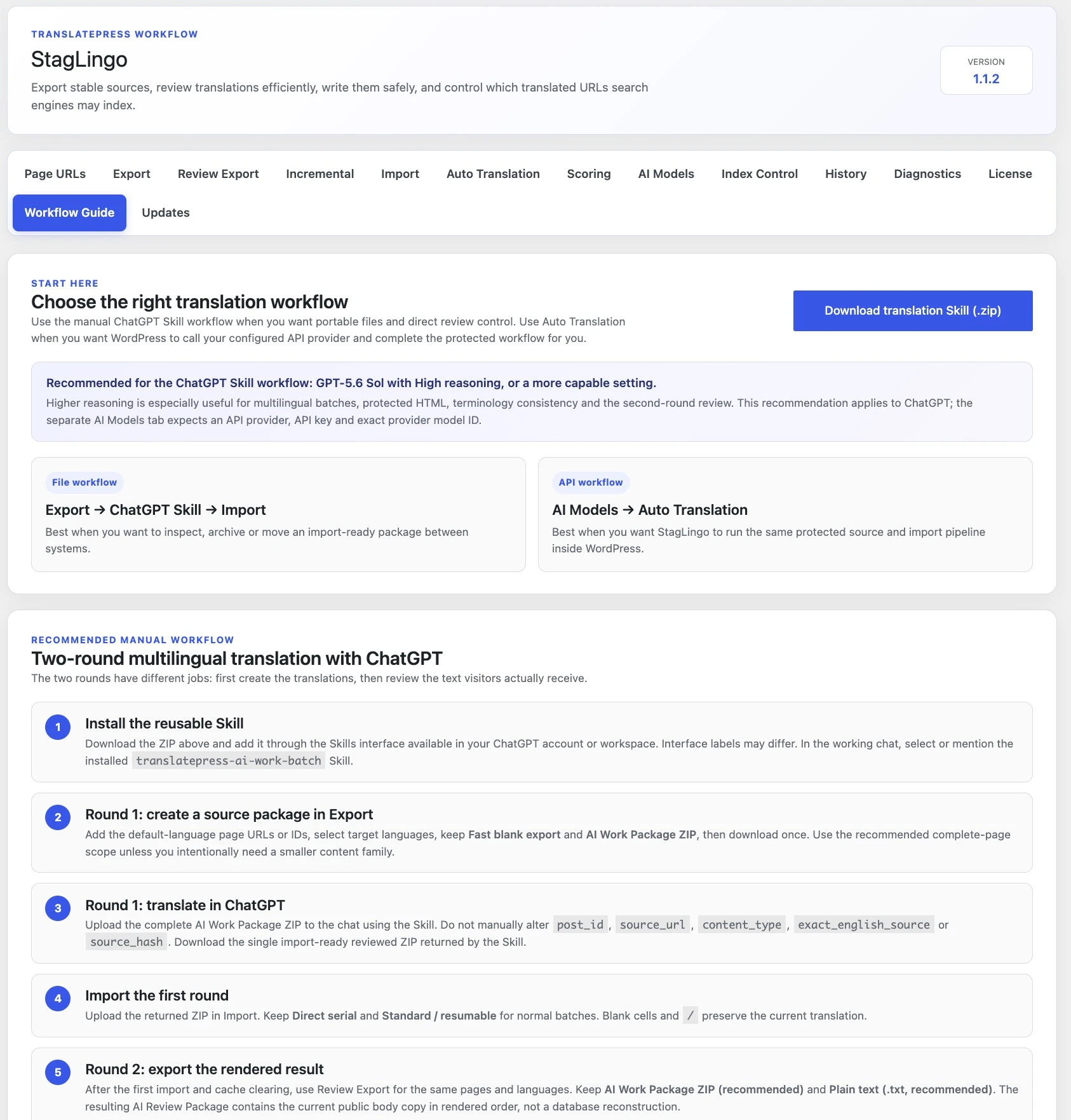 StagLingo Workflow Guide showing the manual two-round translation process